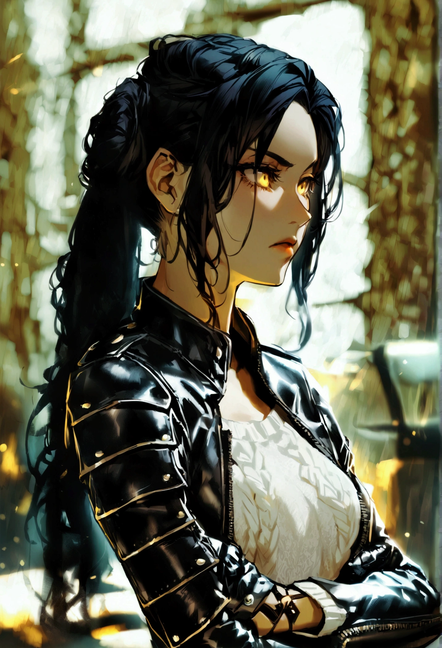 side profile, Han,beautiful young warrior , with a very detailed and beautiful face, gorgeous eyes, gorgeous eyes, gorgeous face, beautiful young woman wearing long black leggings with black details, usando leather jacket preta, standing in an office, wearing black boots, horn hair, with black fringe, , sorriso Malignant ,white sweater with strap around, serious look,usando leather jacket preto, leather jacket,staring overhead,yellow lighting, Malignant,crossed arms,side profile