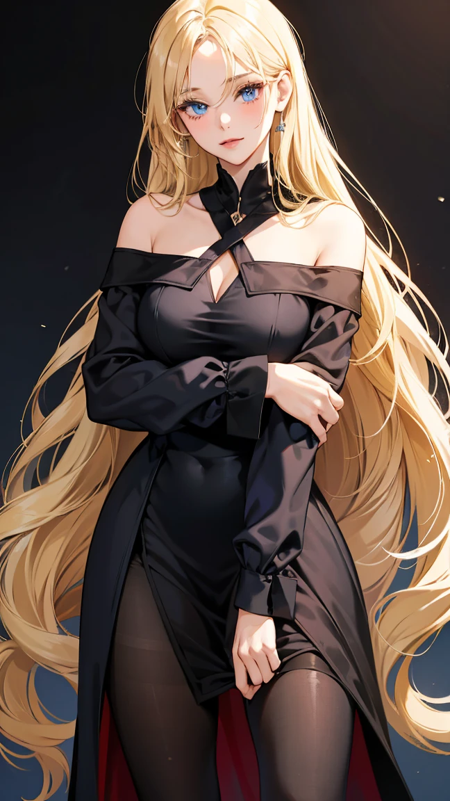 1girl, 30 years old, black caped dress, off-the-shoulder, blonde hair, long hair, blonde, blue eyes, black pantyhose, sexy, seductive, domineering 