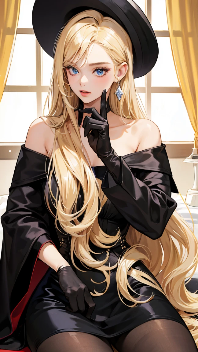 1girl, 30 years old, black caped dress, off-the-shoulder, blonde hair, long hair, blonde, blue eyes, black pantyhose, sexy, seductive, domineering
