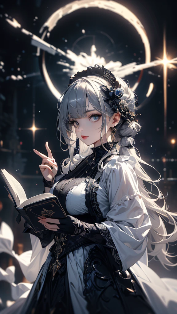 masterpiece, high quality, 4K, Beautiful design, silhouette,Gray Hair, Highly detailed time and space, wonderful, Finer details, Very knowledgeable woman, Highly detailed solo, 1 female,Big Breasts,Gothic Lolita Fashion,Reading a book,Night view,Starry Sky,full moon,