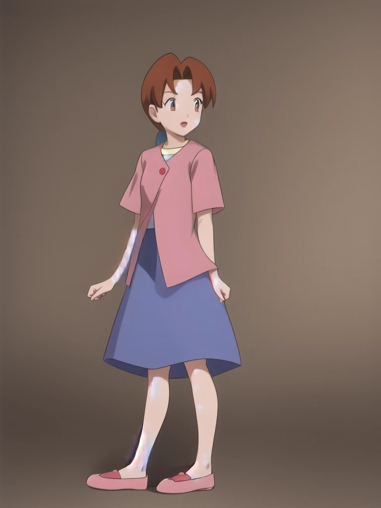 Delia_Ketchum 1girl, full body, looking at viewer, :d, open mouth, (extremely detailed CG unity 8k wallpaper), (masterpiece), (best quality), (ultra-detailed), (best illustration), (best shadow), (absurdres), finely detail, skirt, shirt, blue skirt, long skirt, pink shirt, slippers,