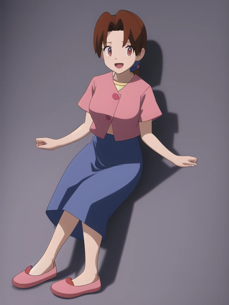 Delia_Ketchum 1girl, full body, looking at viewer, :d, open mouth, (extremely detailed CG unity 8k wallpaper), (masterpiece), (best quality), (ultra-detailed), (best illustration), (best shadow), (absurdres), finely detail, skirt, shirt, blue skirt, long skirt, pink shirt, slippers,