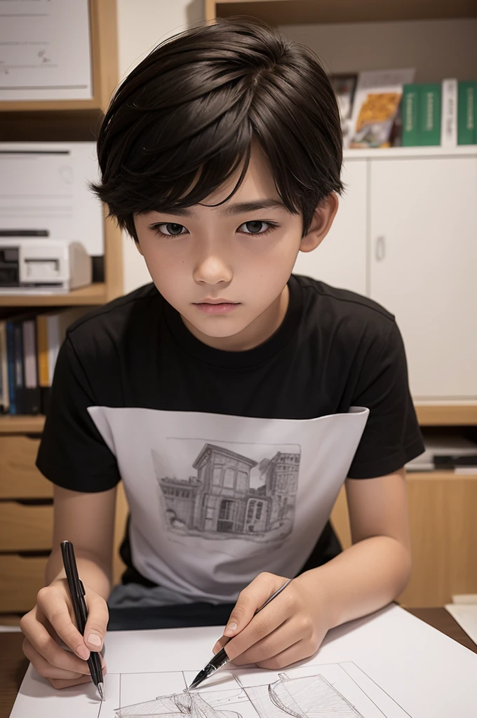 14 year old boy in 3d drawing on paper