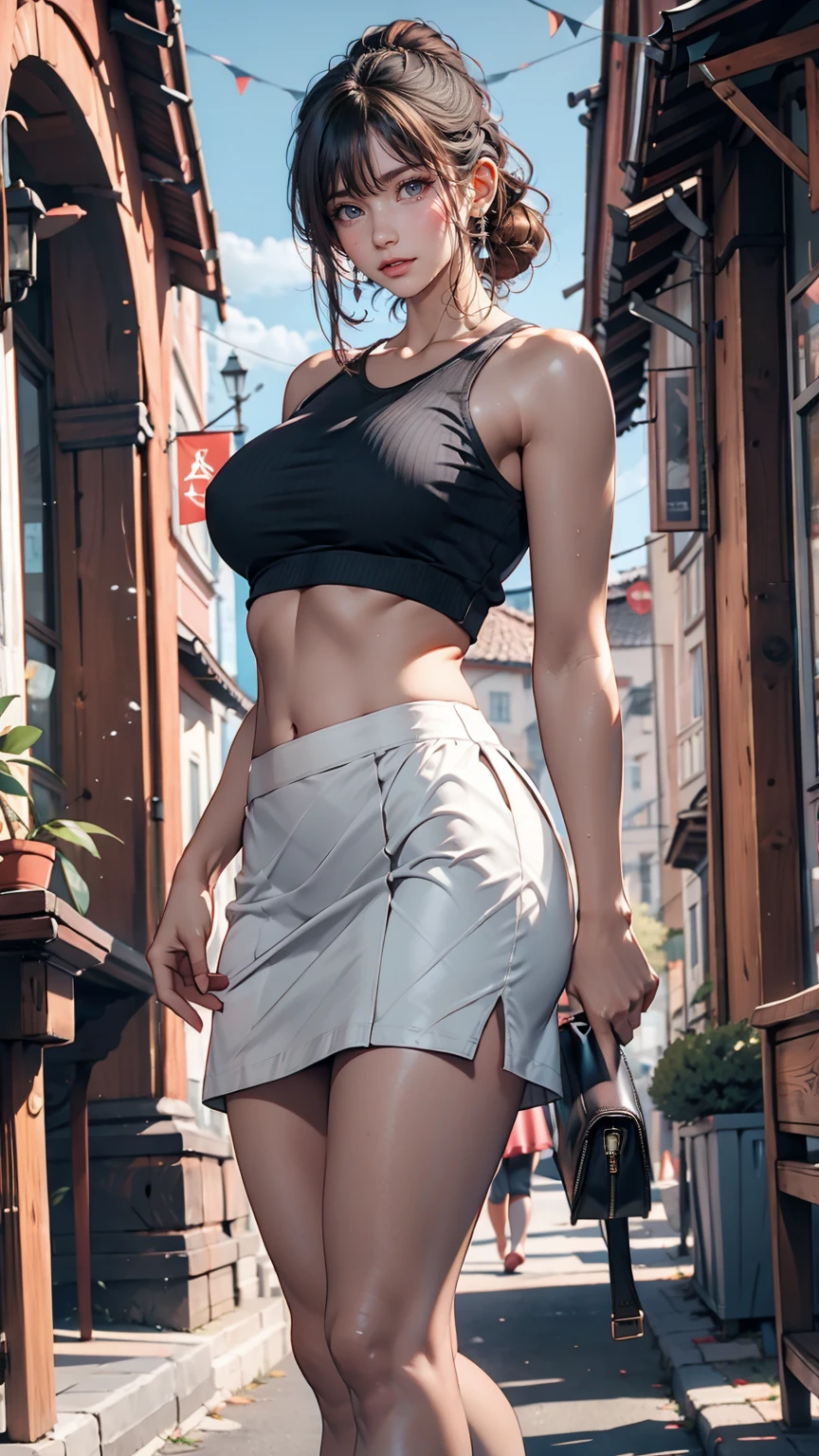 Mature Woman, Huge breasts, lips, Mischievous face, Medieval city, cloud, maternal, thick、24-year-old female、Sexy proportions、Sexy、Textured skin((textured skin))、Side-swept chignon((good site))、
Narrow waist、Cropped tops((crop top))Tops、Hipbone Skirt((hipbone skirt))、Stiletto heels、Clutch bags、Put one hand on your hip、