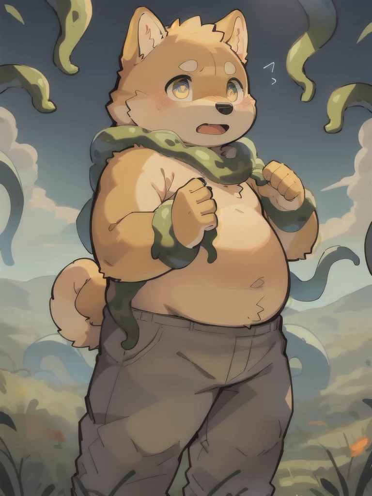 masterpiece, best quality, Perfect anatomical structure, Bright Eyes, Big watery eyes, Provided by RUHU1145, hairy, (Shiba Inu), fur(trigger:0.3),boy, Solitary,Shy,White pants,Shirtless,(Chubby body),(Tentacle entanglement),field