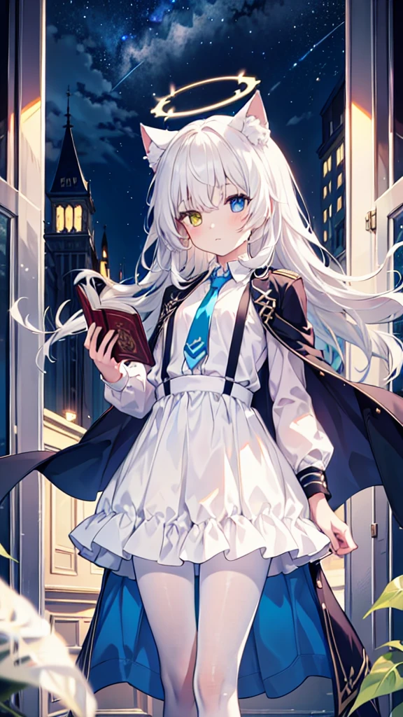 White pantyhose，White hair，wistful look，Long hair，Cat ear，Heterochromia（Left blue right yellow），Female face，There are bright spots in the eyes，flat chest，blue halo，night，fly，Starry Sky，Blue tie，Holding a book with a blue cover，dress，Suspenders，White Cape，Light