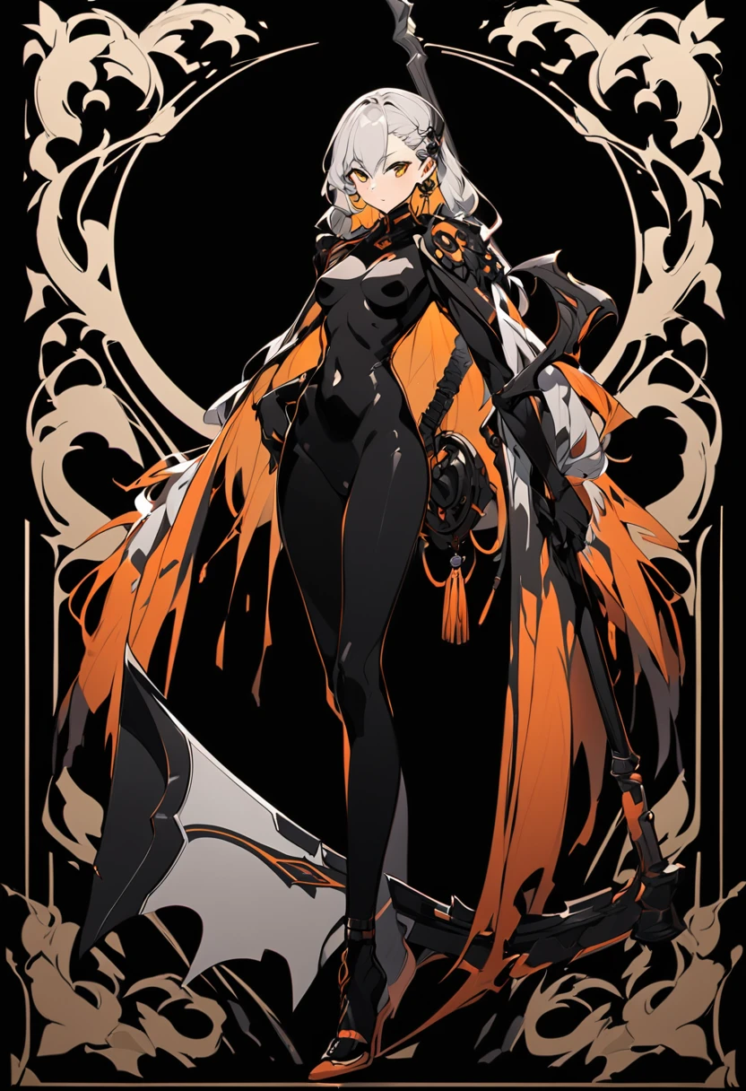 Nude female character, a young woman holding a scythe on her shoulder, Full d, Full body, black background, style anim