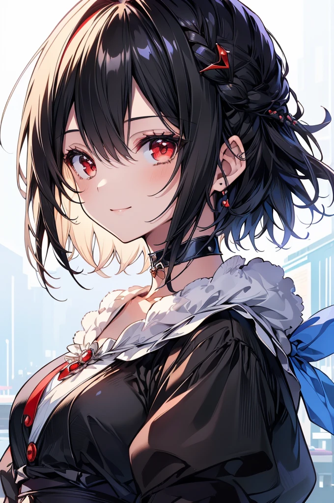 (masterpiece, highest quality, highest quality, (No text), Beautiful and aesthetic:1.2),No text,アニメ、BREAK,One Girl,Black Hair Girl short hair older sister choker Beautiful eyes Red eyes cool smile Red and Black one piece mini skirt whole body In town