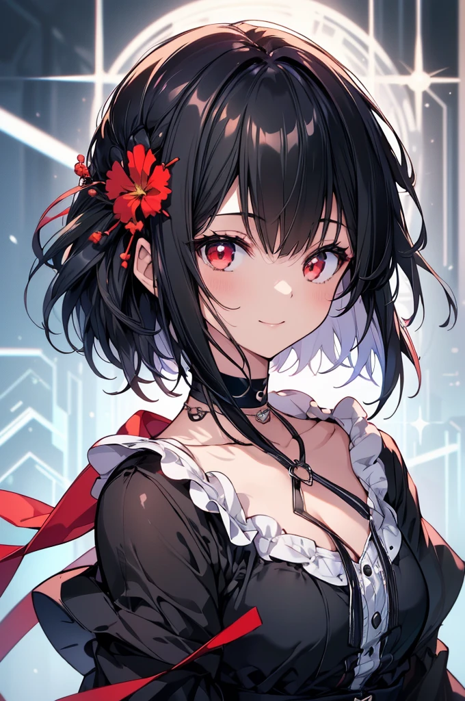 (masterpiece, highest quality, highest quality, (No text), Beautiful and aesthetic:1.2),No text,アニメ、BREAK,One Girl，Black Hair Girl　short hair　older sister　choker　Beautiful eyes　Red eyes　cool　smile　Red and Black　one piece　mini skirt　whole body　In town