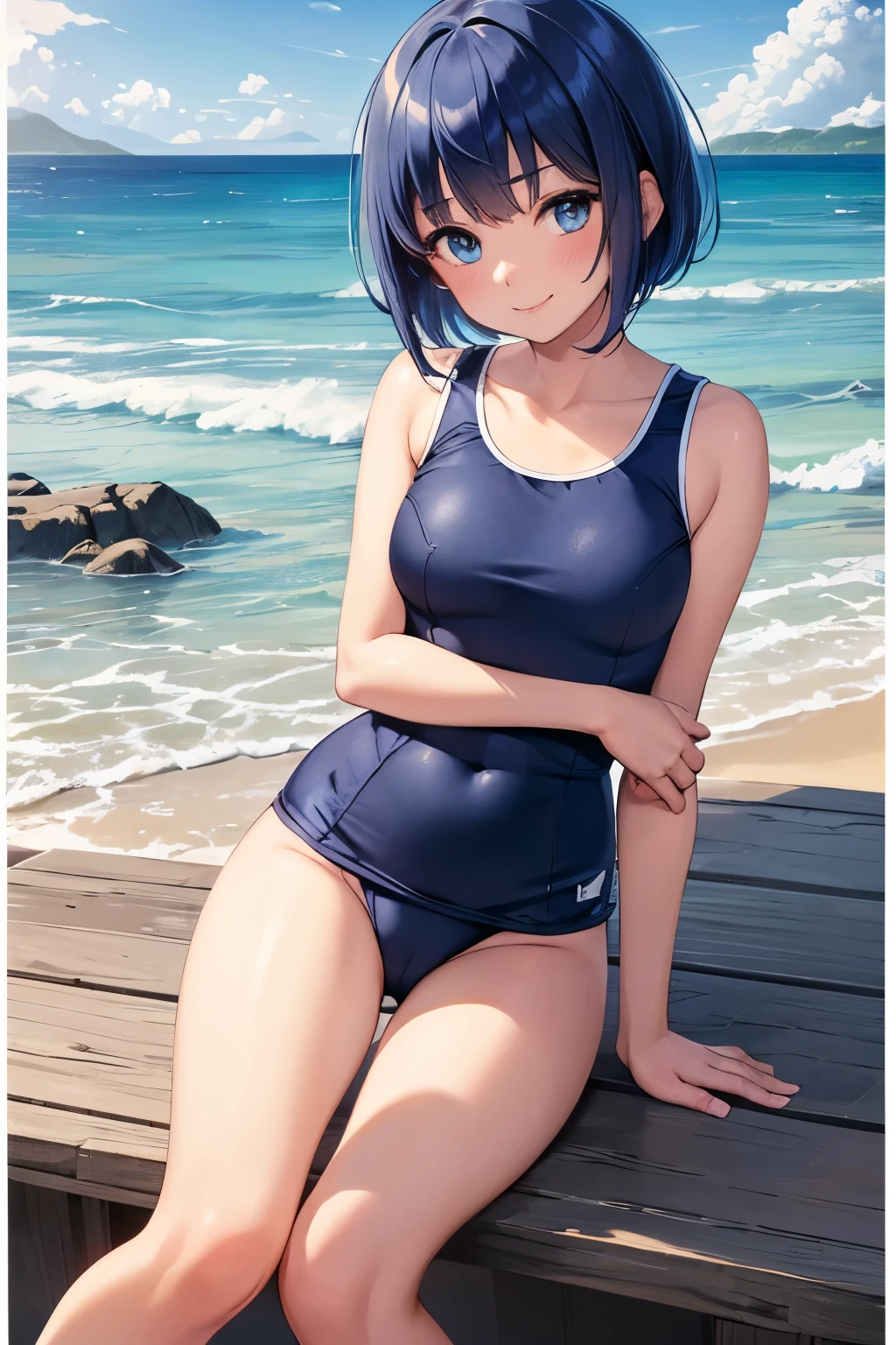 best quality,ultra-detailed,illustration,(school swimsuit:1.1), 1girl,(solo:1.5),catria,smile,looking at viewer, cute,Blue Hair,Short Hair,Bob,blue eyes,Thin Waist,Small,Toned,small breasts,short stature,(beach:1.3),(eropose:1.5)