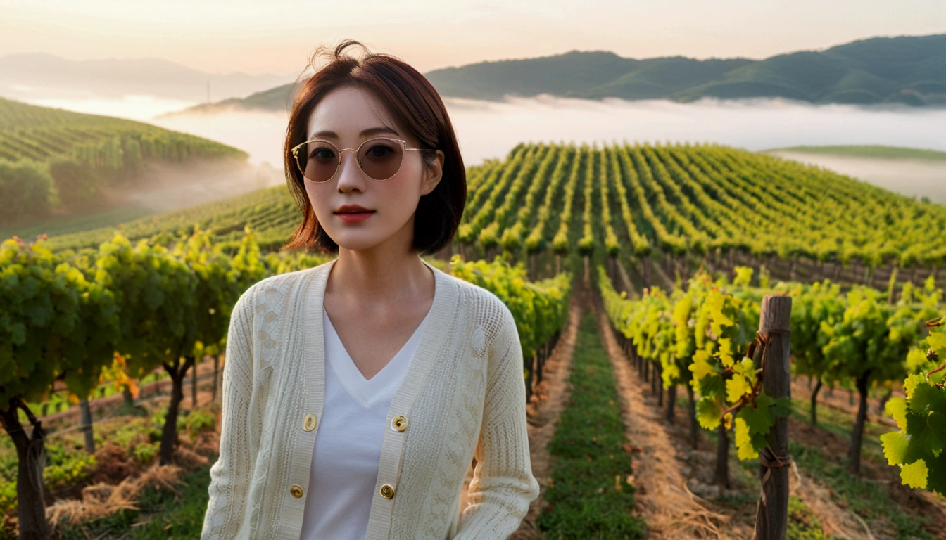 Post Creativity Upscale Transformation Upscale Download Generation Data Prompt Txt2Img 8k Realistic, lifelike photo,, 36 year old Korean woman, Short in stature, pretty like a model. front view, White shirt and short cardigan, casual pants, short medium hair, Smiley, Italy. vineyard, thick dawn fog. vineyard 지나 짙은 안개 속으로 저 멀리 성당이 보인다. Full body shot from afar with a wide angle lens , 1 woman, Short in stature, looking at the camera, Excellent picture quality, The morning fog is thick, The picture quality is alive. Full body shot with Canon 16-35 wide angle lens, Looking up to the side wearing Gucci-type sunglasses