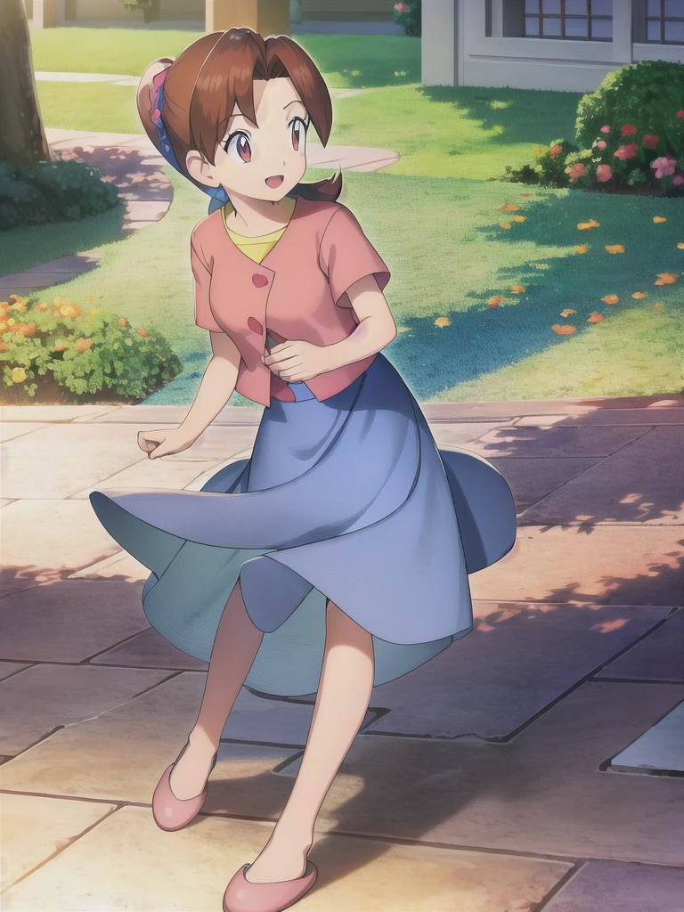 Delia_Ketchum 1girl, full body, looking at viewer, :d, open mouth, (extremely detailed CG unity 8k wallpaper), (masterpiece), (best quality), (ultra-detailed), (best illustration), (best shadow), (absurdres), finely detail, skirt, shirt, blue skirt, long skirt, pink shirt, slippers,