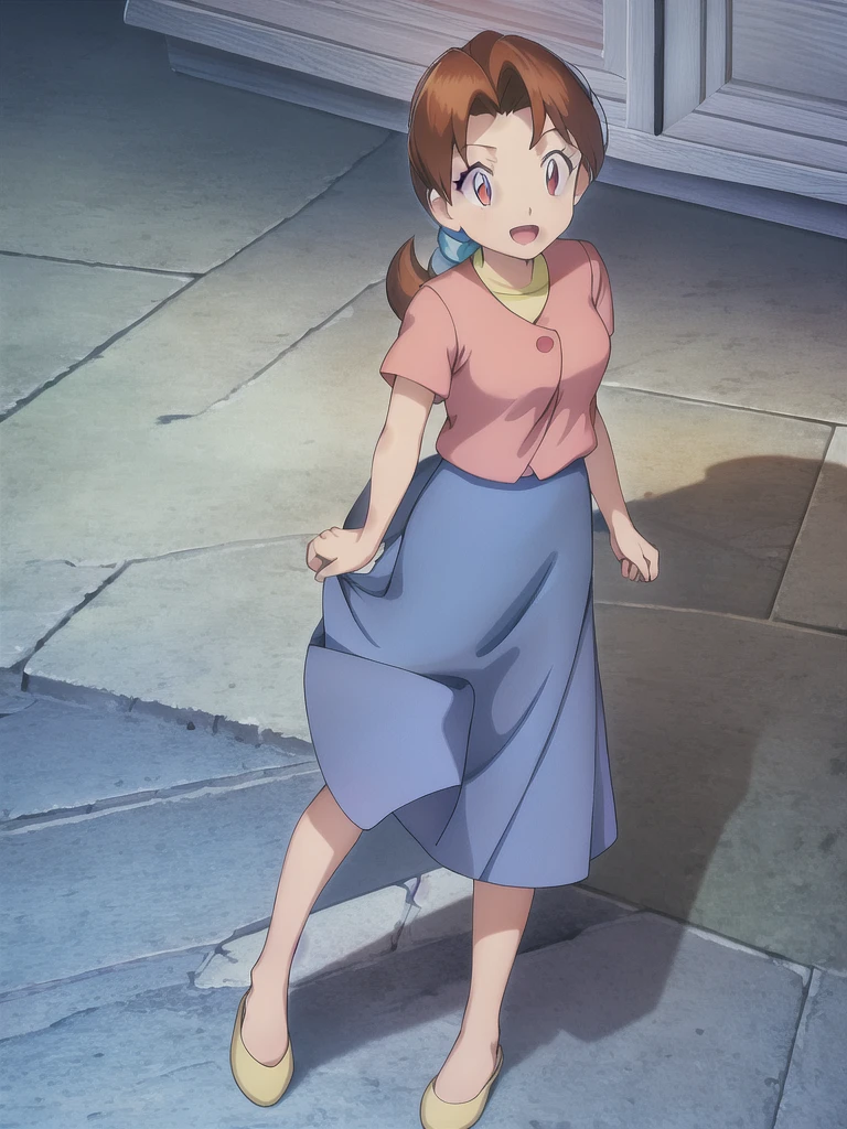 Delia_Ketchum 1girl, full body, looking at viewer, :d, open mouth, (extremely detailed CG unity 8k wallpaper), (masterpiece), (best quality), (ultra-detailed), (best illustration), (best shadow), (absurdres), finely detail, skirt, shirt, blue skirt, long skirt, pink shirt, slippers,