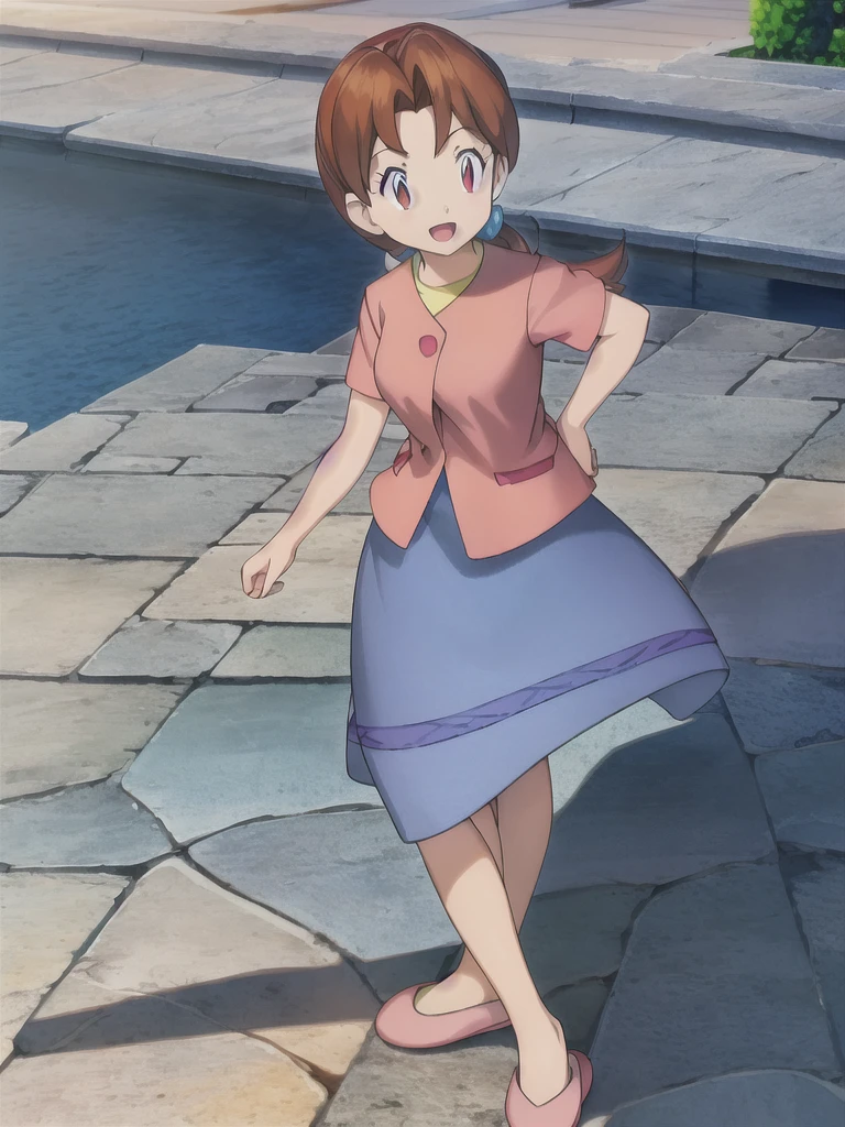 Delia_Ketchum 1girl, full body, looking at viewer, :d, open mouth, (extremely detailed CG unity 8k wallpaper), (masterpiece), (best quality), (ultra-detailed), (best illustration), (best shadow), (absurdres), finely detail, skirt, shirt, blue skirt, long skirt, pink shirt, slippers,