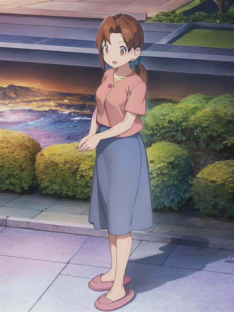 Delia_Ketchum 1girl, full body, looking at viewer, :d, open mouth, (extremely detailed CG unity 8k wallpaper), (masterpiece), (best quality), (ultra-detailed), (best illustration), (best shadow), (absurdres), finely detail, skirt, shirt, blue skirt, long skirt, pink shirt, slippers,