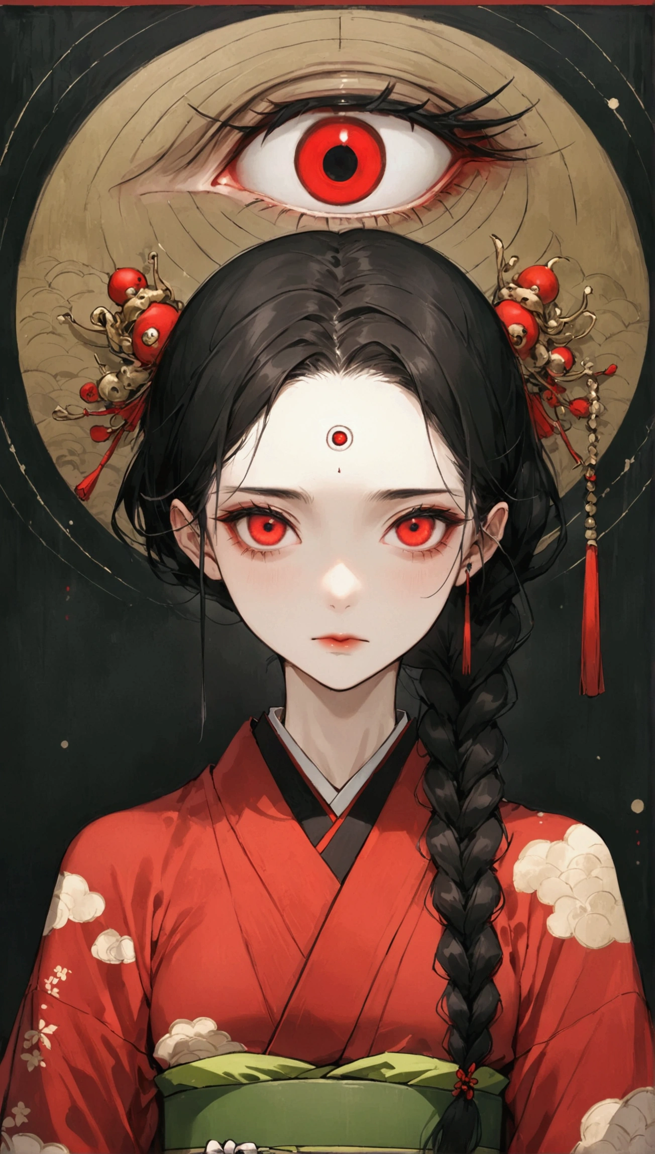 (((1 Girl，Double braid，独奏，third red eye on the forehead，))),(((Gorgeous Japanese red kimono：1.6，Eye Diagram，Dark Pattern))).(((Thin waist，Greenbelt：1.37)))whole body