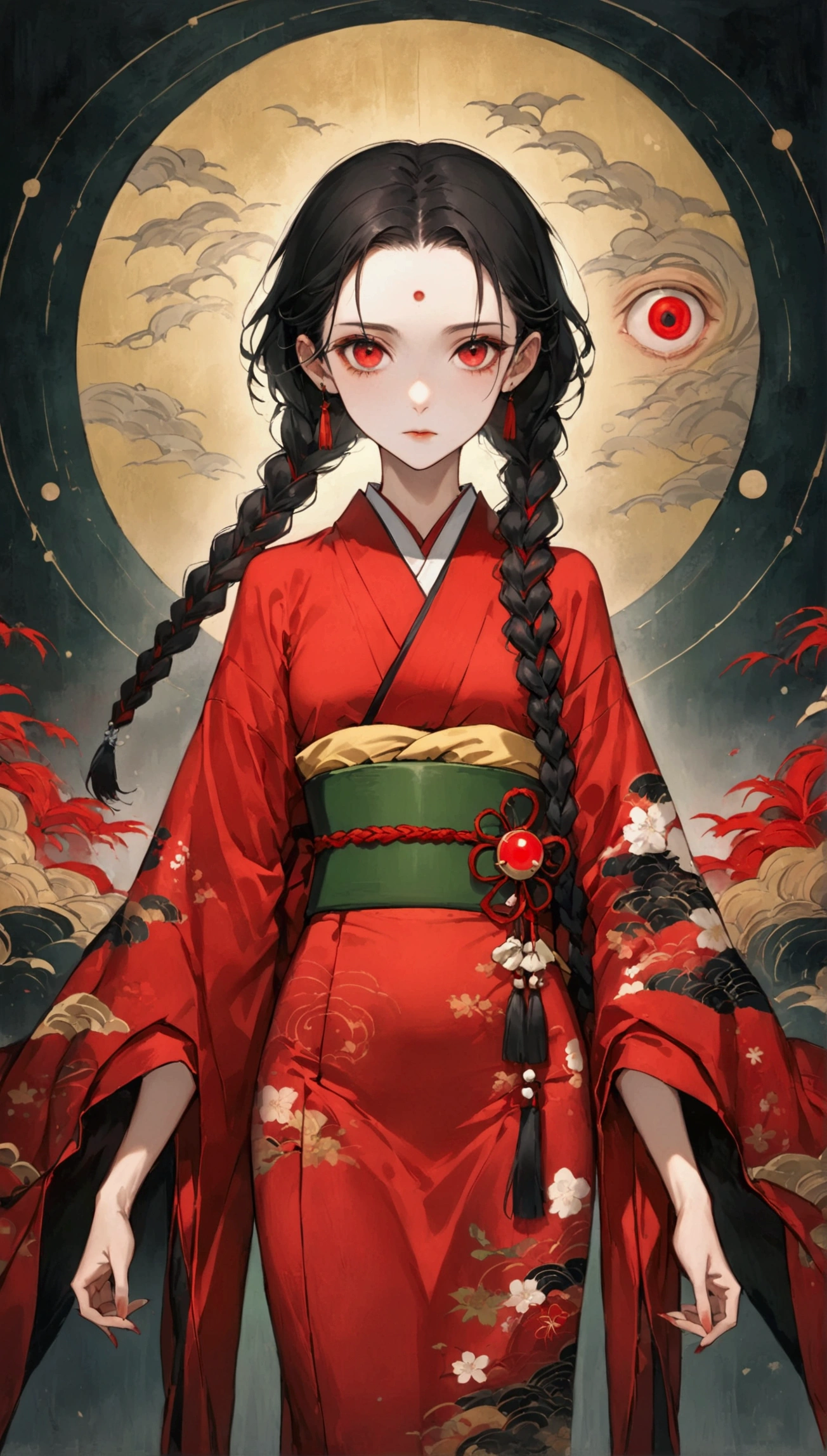 (((1 Girl,Double braid,独奏,third red eye on the forehead,))),(((Gorgeous Japanese red kimono:1.6,Eye Diagram,Dark Pattern))).(((Thin waist,Greenbelt:1.37)))whole body