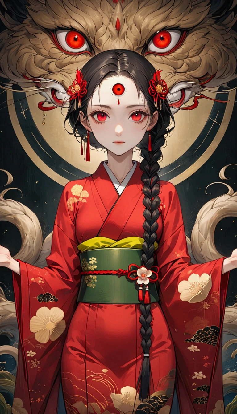 (((1 Girl,Double braid,独奏,third red eye on the forehead,))),(((Gorgeous Japanese red kimono:1.6,Eye Diagram,Dark Pattern))).(((Thin waist,Greenbelt:1.37)))whole body