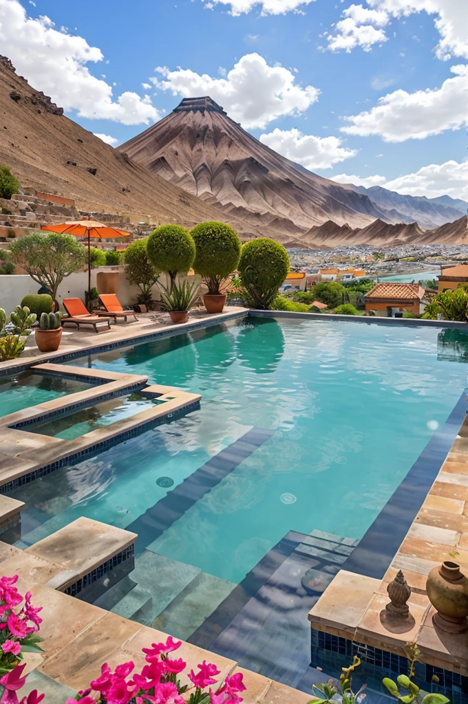 Multiple houses, brutalism style, Luis Barragán, Mountains in background, river, pool, terraces, stairs, garden terraces, trees, beautiful clouds, moon, sun, detailed, cacti, boulders, volcanic rocks, fuggy, Violet, orange, olive green, blue, magenta, amazing volcano in horizont, beautiful garden design