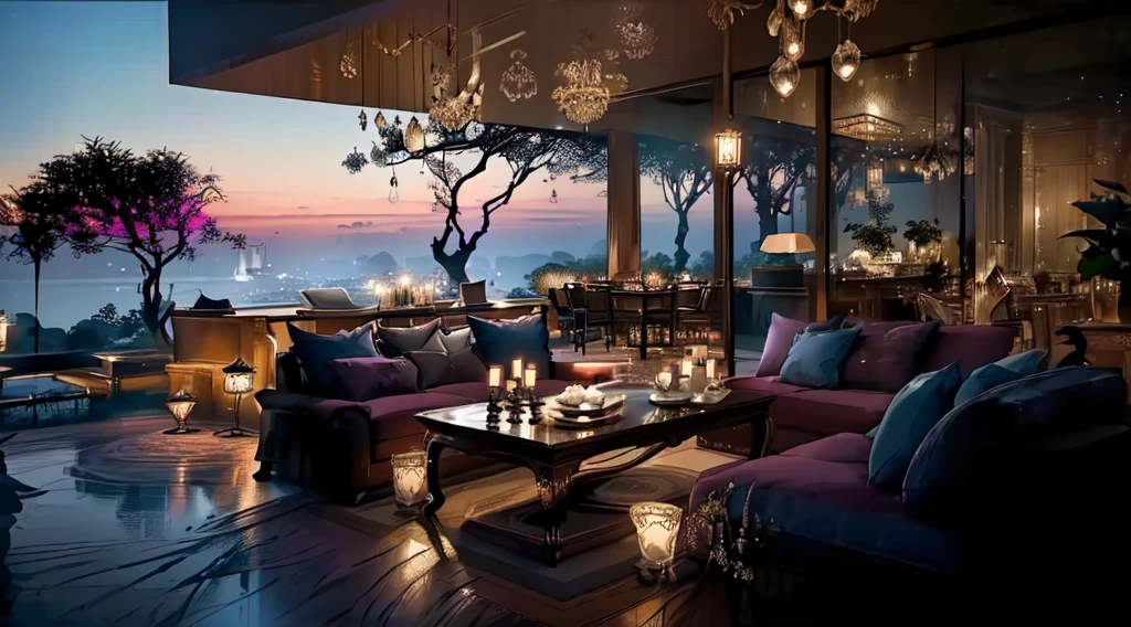arafed view of a living room with a table and couches and candles, beautiful ambiance, evening ambience, beautiful ambience, lounge background, serene evening atmosphere, cozy setting, luxurious environment, comfy ambience, sublime-comfy-elegant ambience, relaxing atmosphere, cozy and peaceful atmosphere, peaceful ambience, romantic ambiente, cozy atmosphere