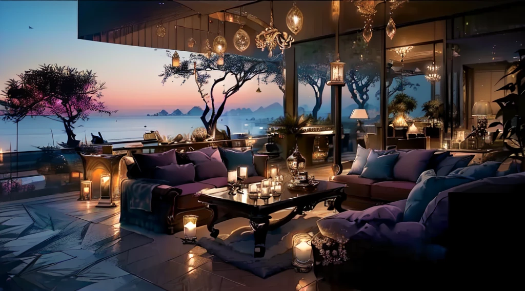 arafed view of a living room with a table and couches and candles, beautiful ambiance, evening ambience, beautiful ambience, lounge background, serene evening atmosphere, cozy setting, luxurious environment, comfy ambience, sublime-comfy-elegant ambience, relaxing atmosphere, cozy and peaceful atmosphere, peaceful ambience, romantic ambiente, cozy atmosphere