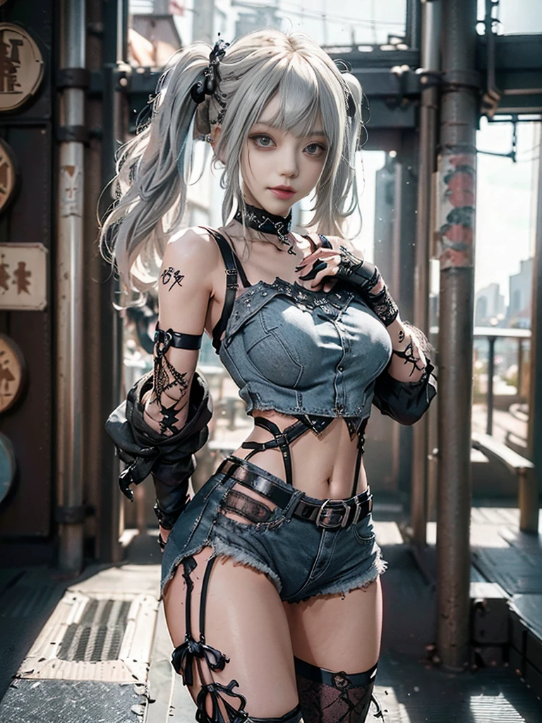 (Full Body View:1.3)、(Back view:1.1)、(Wearing a thong:1.4)、(Accentuate your butt:1.3)、(Smiling with teeth showing:1.3),(Shibuya Gal:1.5)、(Neo-goth style fashion:1.5)、(Punk RockVisual Kei:1.4)、(A high-leg bodysuit in a delicate design of denim, silver and black:1.5)、(Denim, black gloves and sailor shirt:1.5)、(Denim high heels:1.3)、(Wearing silver accessories:1.5)、(Denim collar:1.4)、(Black Leather Garter Belt:1.4)、(Brown Skin Belt:1.3)、(Black lace underwear:1.5)、20-year-old、NSFW、((Highest quality、In 8K、masterpiece:1.3))、Sharp focus:1.2、(Layered Cut、Huge boobs:1.1),Beautiful woman with perfect figure:1.4、(Dancing vigorously:1.3)、Slender Abs:1.2、Highly detailed face and skin texture、Detailed eyes、double eyelid,(Twin tails:1.3)、(Cream colored hair:1.3)、Gravure idol、(The Caribbean cityscape in the background:1.3)、(Slim Body:1.3),(Make your legs thinner:1.4),（clavicle:1.1）