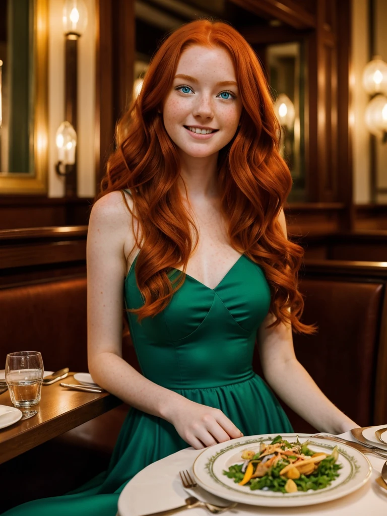 A happy, full body beautiful photo of the most beautiful redhead young woman, natural beauty, no makeup with pale skin, long wavy rich ginger hair, blue eyes, hollow cheeks, freckles on face and body, aesthetic long feminine green dress, in a fancy restaurant at night (Ultra details, High Quality)