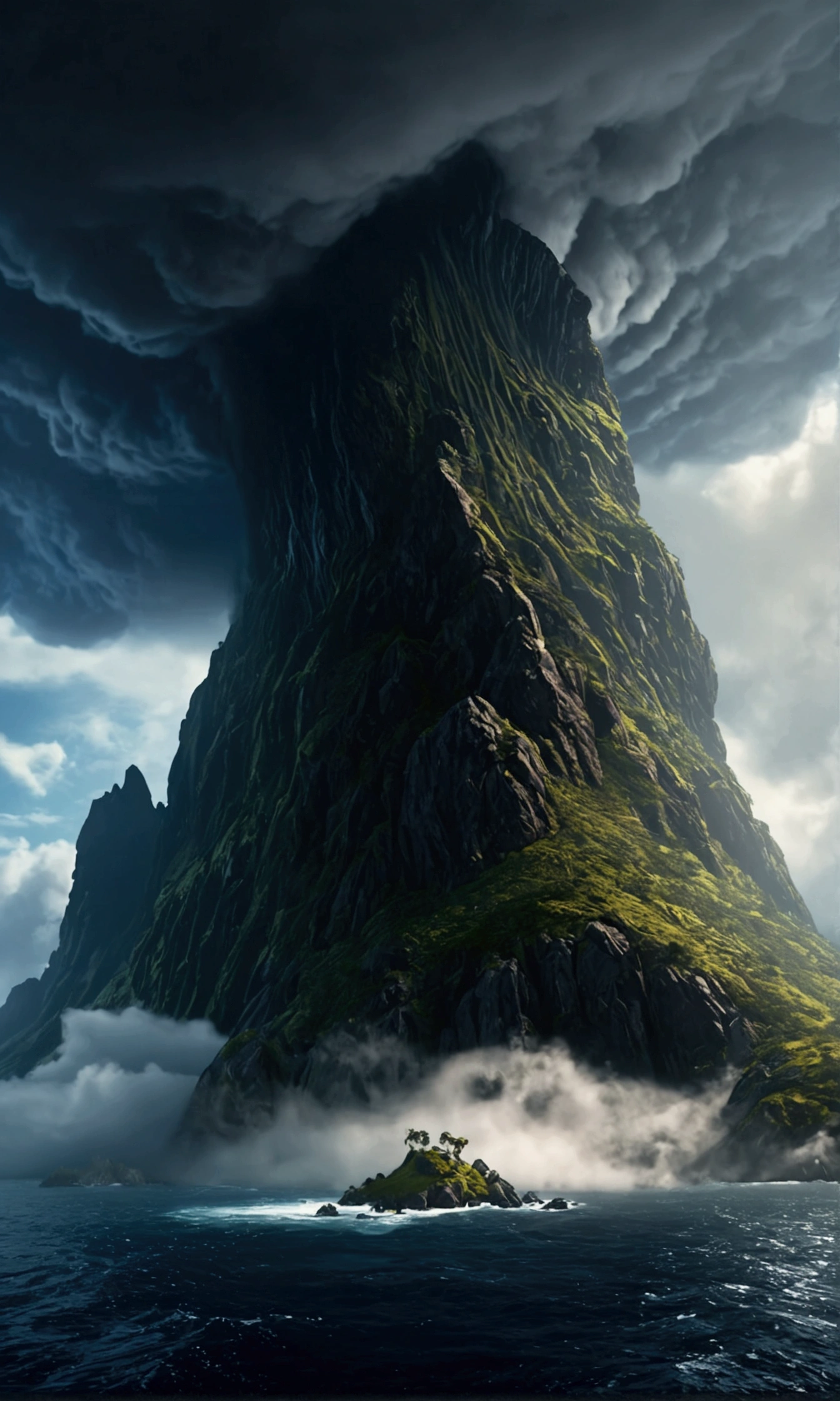 realistic cinematic dramatic view of a mysterious island with a surreal upside down mountain, stormy nebula sky, dramatic cloudy atmosphere, epic lighting, highly detailed, award winning, 8k, photorealistic, intricate details, dramatic colors, volumetric fog, cinematic composition, dramatic shadows and highlights, moody and mysterious atmosphere