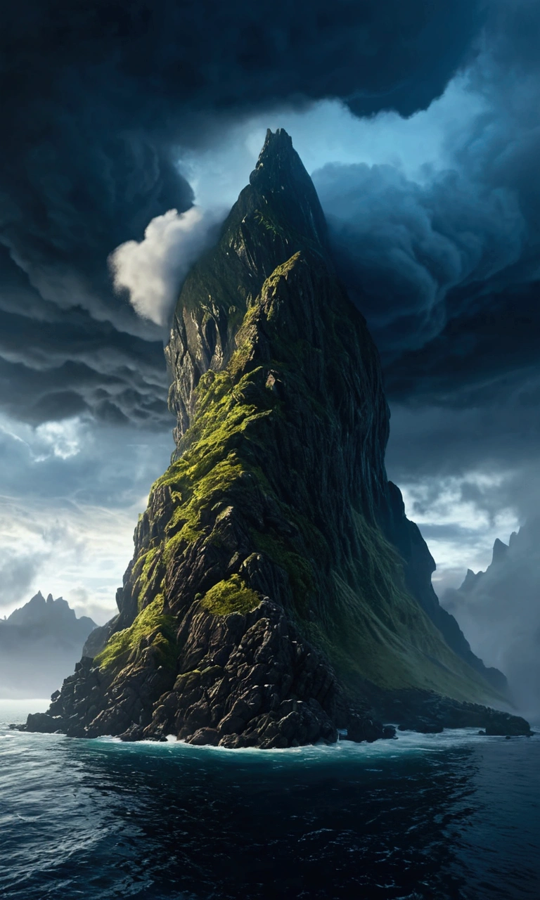 realistic cinematic dramatic view of a mysterious island with a surreal upside down mountain, stormy nebula sky, dramatic cloudy atmosphere, epic lighting, highly detailed, award winning, 8k, photorealistic, intricate details, dramatic colors, volumetric fog, cinematic composition, dramatic shadows and highlights, moody and mysterious atmosphere