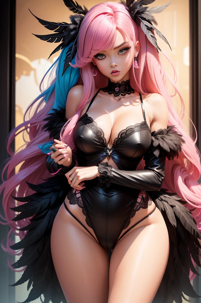 Barbie de legs thick, Barbie de legs thick, legs thick, form breasts, with black lingerie, feathers on the shoulder. work of art, seamless, bright coloured, intense beauty. black cloack, lingerie preta com love the league, love the league, pink hair, big pink hair, 