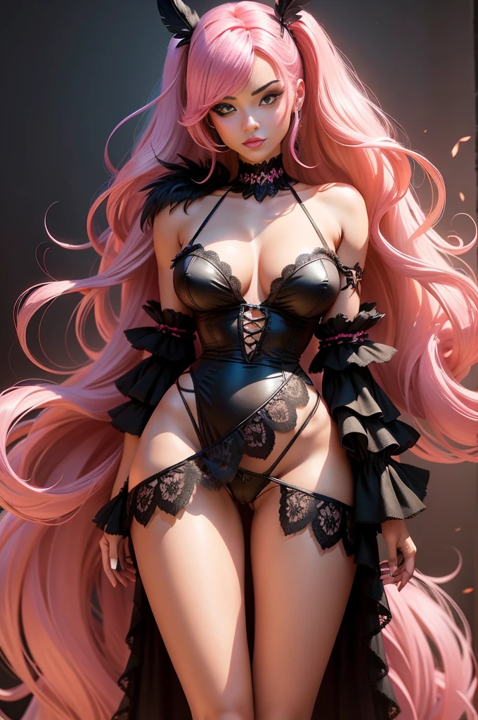 Barbie de legs thick, Barbie de legs thick, legs thick, form breasts, with black lingerie, feathers on the shoulder. work of art, seamless, bright coloured, intense beauty. black cloack, lingerie preta com love the league, love the league, pink hair, big pink hair, 