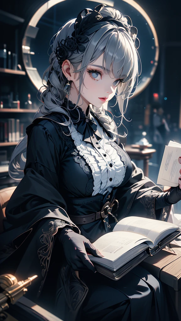 masterpiece, high quality, 4K, Beautiful design, silhouette，Gray Hair， Highly detailed time and space， wonderful, Finer details,  Very knowledgeable woman, Highly detailed solo, 1 female,Big Breasts，Gothic Lolita Fashion，Reading a book，Night view，Starry Sky，full moon，