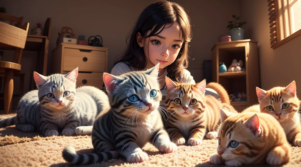 a young playing with colorful toys, cute kittens, cozy interior, warm lighting, soft textures, detailed facial features, natural expressions, vibrant colors, photorealistic, cinematic lighting, high detail, 8k, best quality
