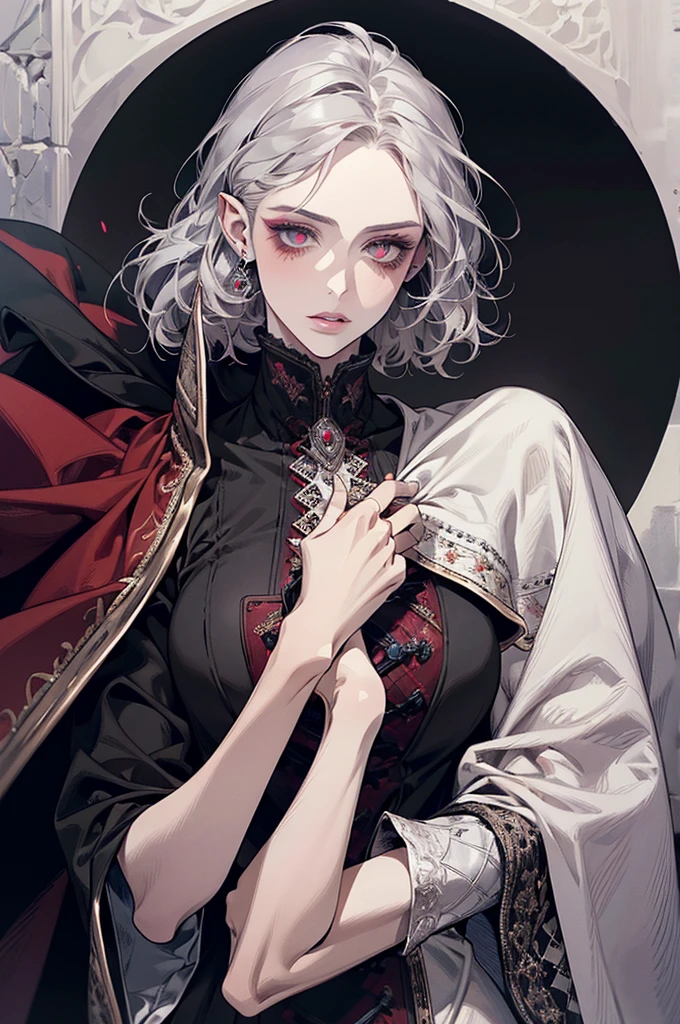 femme de 50 ans, Middle-aged European, ((trentenaire)), solo, medieval tavern, [ghotic] full lips, androgyne, [[Short hair]], (visage de forme ovale), (Heavenly Nose), wears a cape, peau claire et chaude, [[intense red eyes]], doe eyes, eyeshadow, short hair, very silver hair, very light, wavy hair, elfe ears, Long cils, ((black medieval clothes)), sexy red dress, Glow, ghotic, elegant, tendance sur artstation, makeup, lipstick, inkshadow, (((Masterpiece artwork))), ((best quality)), ((complex detailed)), ((semi-realistic)), (se concentrer uniquement), (visage parfait:1.1), (high detail:1.1), dark
