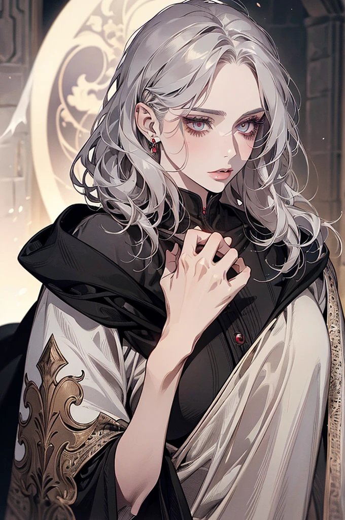 femme de 50 ans, Middle-aged European, ((trentenaire)), solo, medieval tavern, [ghotic] full lips, androgyne, [[Short hair]], (visage de forme ovale), (Heavenly Nose), wears a cape, peau claire et chaude, [[intense red eyes]], doe eyes, eyeshadow, short hair, very silver hair, very light, wavy hair, elfe ears, Long cils, ((black medieval clothes)), sexy red dress, Glow, ghotic, elegant, tendance sur artstation, makeup, lipstick, inkshadow, (((Masterpiece artwork))), ((best quality)), ((complex detailed)), ((semi-realistic)), (se concentrer uniquement), (visage parfait:1.1), (high detail:1.1), dark