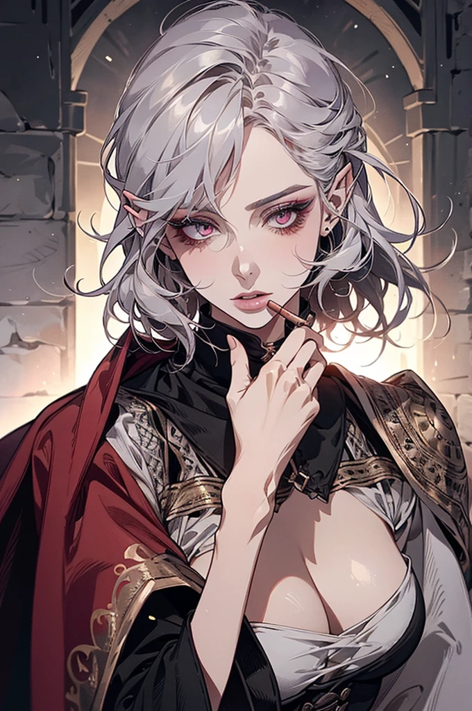 femme de 50 ans, Middle-aged European, ((trentenaire)), solo, medieval tavern, [ghotic] full lips, androgyne, [[Short hair]], (visage de forme ovale), (Heavenly Nose), wears a cape, peau claire et chaude, [[intense red eyes]], doe eyes, eyeshadow, short hair, very silver hair, very light, wavy hair, elfe ears, Long cils, ((black medieval clothes)), sexy red dress, Glow, ghotic, elegant, tendance sur artstation, makeup, lipstick, inkshadow, (((Masterpiece artwork))), ((best quality)), ((complex detailed)), ((semi-realistic)), (se concentrer uniquement), (visage parfait:1.1), (high detail:1.1), dark