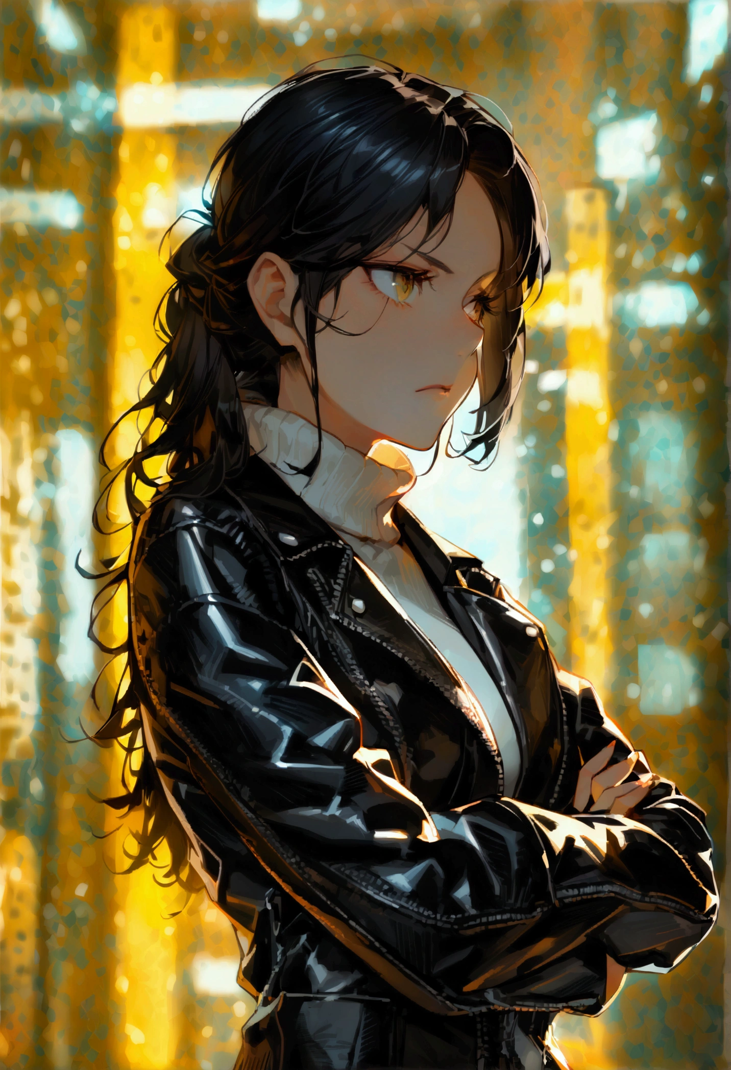 side profile, Han,beautiful young warrior , with a very detailed and beautiful face, gorgeous eyes, gorgeous eyes, gorgeous face, beautiful young woman wearing long black leggings with black details, usando leather jacket preta, standing in an office, wearing black boots, horn hair, with black fringe, , sorriso Malignant ,white sweater with strap around, serious look,usando leather jacket preto, leather jacket,staring overhead,yellow lighting, Malignant,crossed arms,side profile
