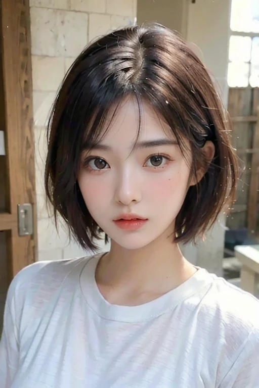 ((Highest quality, 8k, masterpiece :1.3)), 1 girl:1.3, (short hair,Black good,((A thin white crew neck shirt wet with sweatTshirt)),(goodTshirtの裏から透けて見える) :1.2 ,Highly detailed face, Beautiful Eyes, double eyelid,Cute Face,(Realistic Face),(Realistic Skin),Beautiful breasts,half Japanese and half European,Innocent face