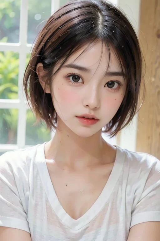 ((Highest quality, 8k, masterpiece :1.3)), 1 girl:1.3, (short hair,Black good,((A thin white crew neck shirt wet with sweatTshirt)),(goodTshirtの裏から透けて見える) :1.2 ,Highly detailed face, Beautiful Eyes, double eyelid,Cute Face,(Realistic Face),(Realistic Skin),Beautiful breasts,half Japanese and half European,Innocent face