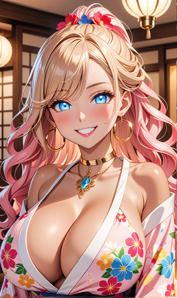 ultra-detailed, ((one girl)), (portrait), (tan skin:1.4), in pastel colors gyaru, (heavy makeup), (professional lighting) hyper detailed, absurdres, 8k, Beautiful Face, (Laugh shyly), ((teasing smile:1.6)), ((happy smile:1.5)),  ((Wink:1.6)), (Laugh with your mouth wide open),((Tilt your face:1.6)), View your viewers, ((Bright red cheeks:1.6)),Glossy shocking pink lips, ((huge breasts:1.6)),  ((undressing)), noon, summer, Ekiben shop, Anime style background)),masterpiece, Highest quality, (Brighten your face), so beautiful,Latest, Complex details, ((fluorescent pink long nail:1.2)), (ring),(bracelet), (Floral Choker),AI-generated, Complex,High resolution, Highest quality, super high quality,3D Images、3D Images,One person, (blond long hair), (High Ponytail), (wavy hair:1.4), Anime woman posing for a photo, ((Fine grain、blue eyes、glowing eyes:1.4)), (Squint your eyes:1.1),a hyperRealistic , hyperRealistic , Realistic,Long blonde anime woman, Smooth anime CG art, A girl in a gorgeous pastel-colored kimono, ((Pastel-colored furisode)),(Pink large floral pattern),  (sideboob), Long flower hair ornament,large gold hoop earrings, Mature Body, tall,Narrow waist, front view,(dutch angle), ((upper body)), 