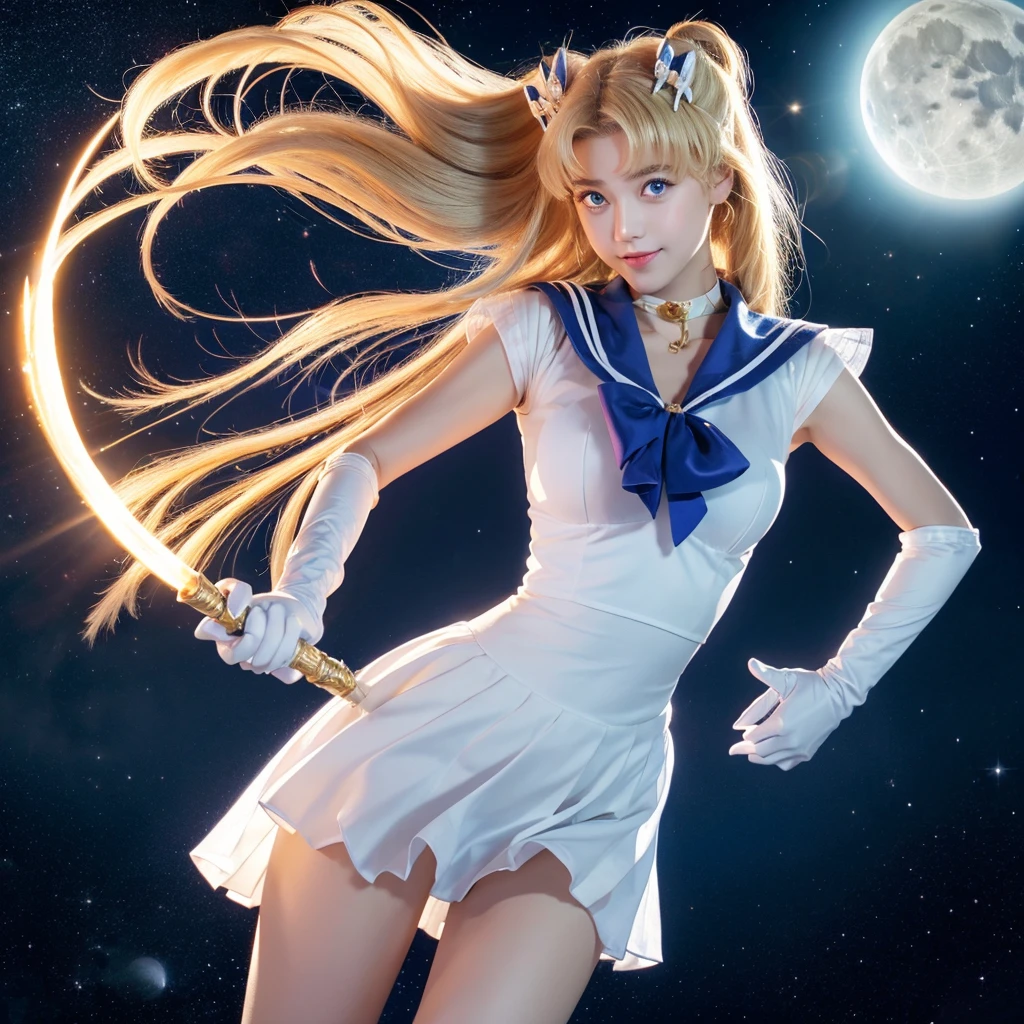 sailor moon, 1 girl, blue eyes, long blonde hair, sailor suit, moon tiara, holding a moon stick, stading on the moon, earth in the background, space, stars, confident smile.random posing