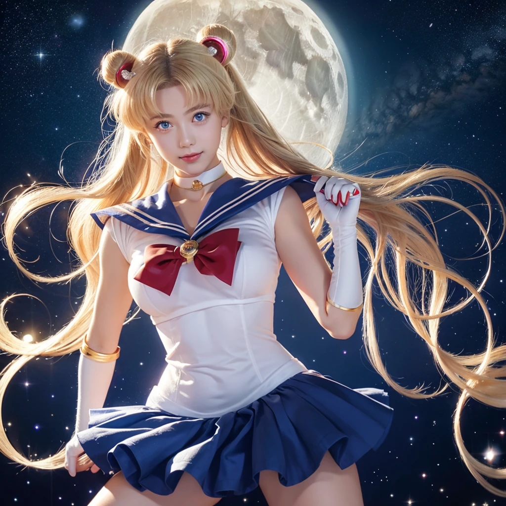 sailor moon, 1 girl, blue eyes, long blonde hair, sailor suit, moon tiara, holding a moon stick, stading on the moon, earth in the background, space, stars, confident smile.random posing