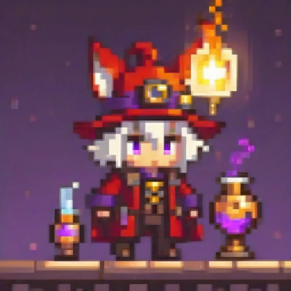  A chibi male character in a colorful red and gold alchemist outfit from a steampunk fantasy, holding a glowing potion bottle. He has fox ears and a bushy tail, glowing purple eyes, and small ram horns. The potion emits a mystical light effect, and he is in a dynamic brewing pose. The scene features cinematic lighting and moody colors, in a detailed digital art, concept art style.