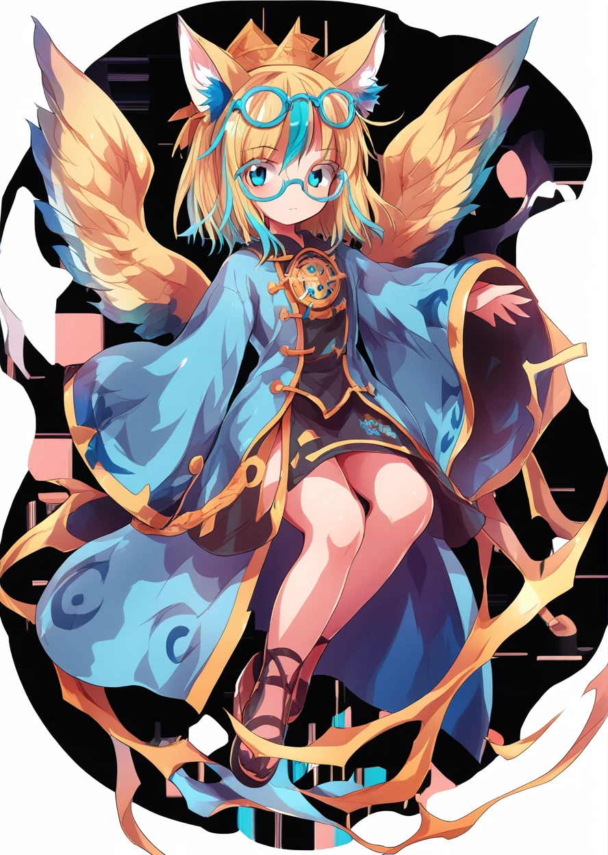 score 9, score 8 above, score 7 above, questionable classification,
detailed back ground,
 wings,
big breasted woman, shining skin, hair blonde, wearing glasses, fox ear, beautiful ass, anime style short hair, hair with a blue streak in the middle, full body full body, cyan blue jacket, Wide Sleeve, black shirt, black skirt,
 