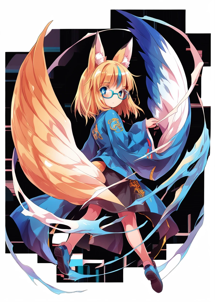 score 9, score 8 above, score 7 above, questionable classification,
detailed back ground,
 wings,
big breasted woman, shining skin, hair blonde, wearing glasses, fox ear, beautiful ass, anime style short hair, hair with a blue streak in the middle, full body full body, cyan blue jacket, Wide Sleeve, black shirt, black skirt,
 