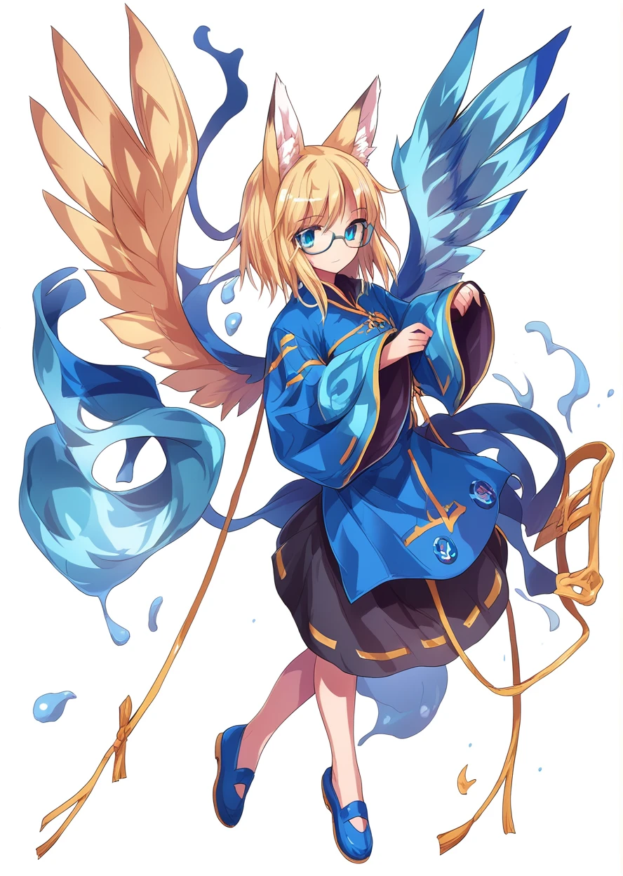 score 9, score 8 above, score 7 above, questionable classification,
detailed back ground,
 wings,
big breasted woman, shining skin, hair blonde, wearing glasses, fox ear, beautiful ass, anime style short hair, hair with a blue streak in the middle, full body full body, cyan blue jacket, Wide Sleeve, black shirt, black skirt,
 