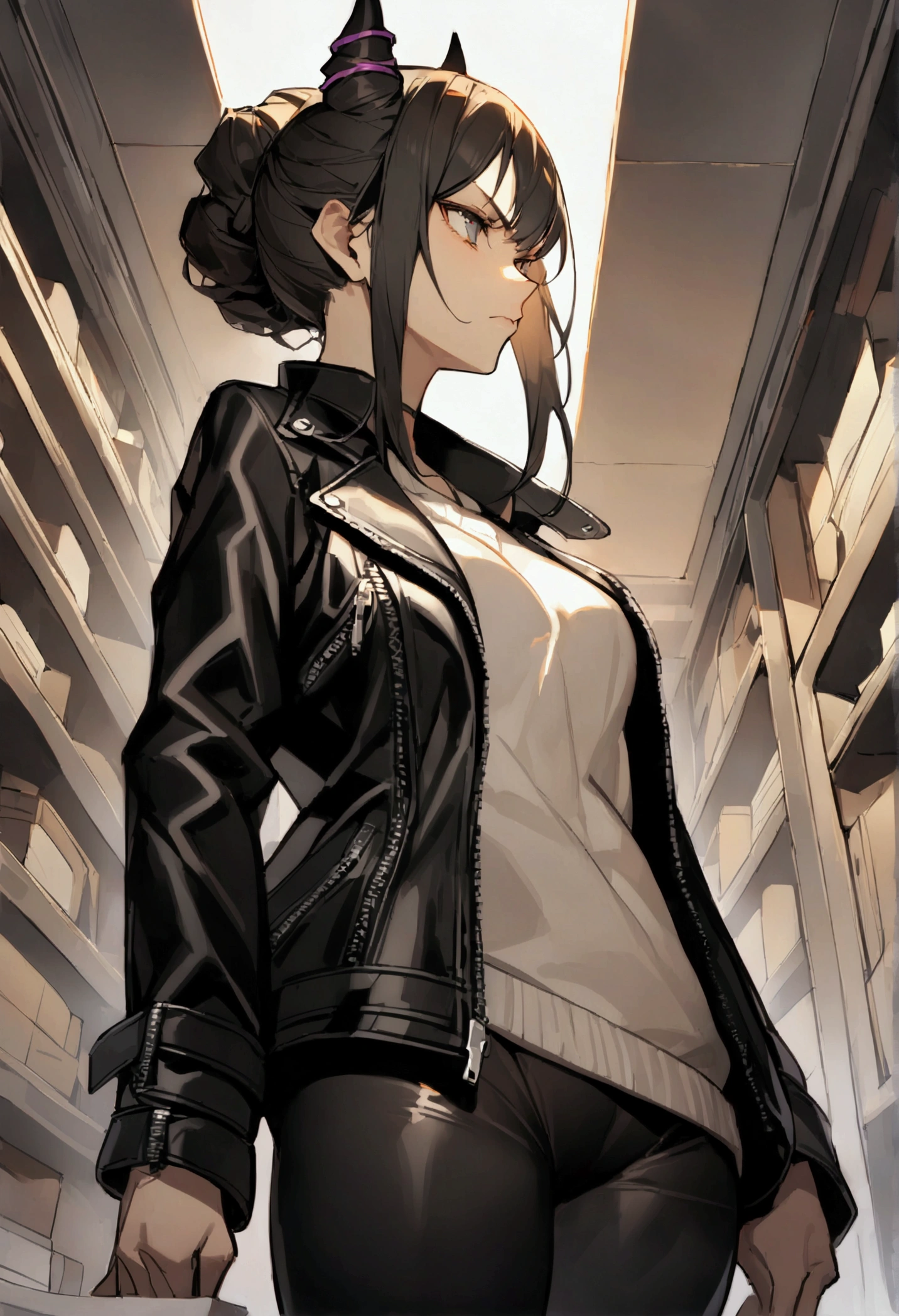 side profile, Han,beautiful young warrior , with a very detailed and beautiful face, gorgeous eyes, gorgeous eyes, gorgeous face, beautiful young woman wearing long black leggings with black details, usando leather jacket preta, standing in an office, wearing black boots, horn hair, with black fringe, , sorriso Malignant ,white sweater with strap around, serious look,usando leather jacket preto, leather jacket,staring overhead,yellow lighting, Malignant,crossed arms,side profile