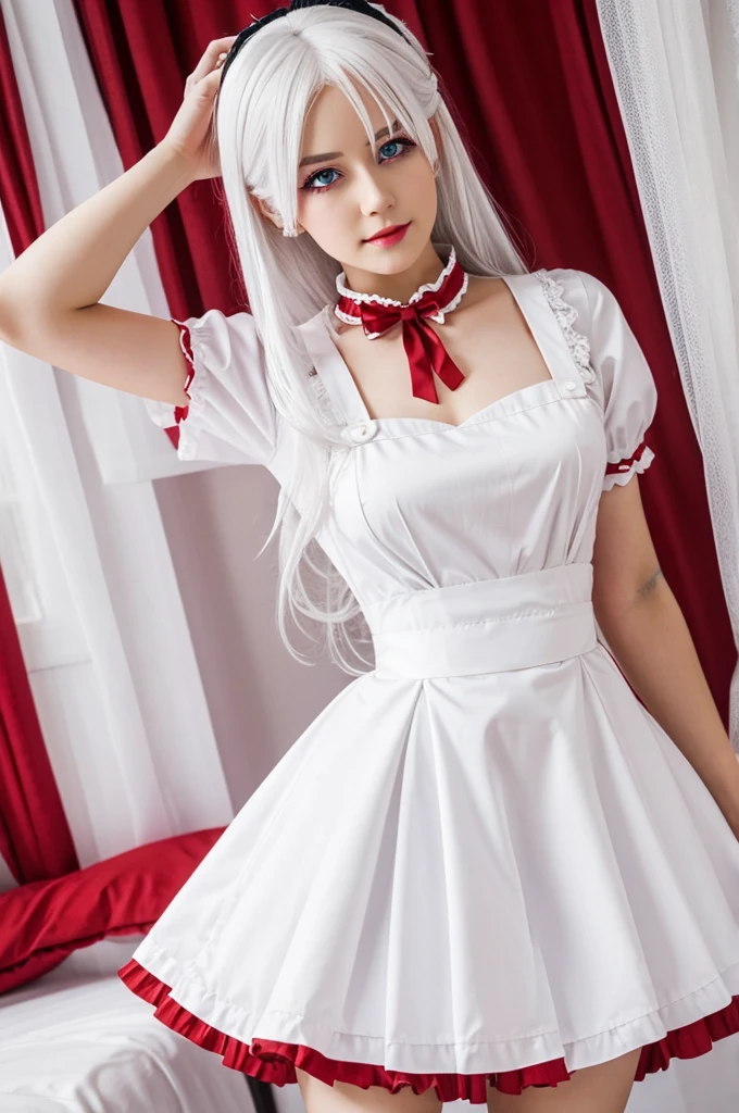 White hair, maid outfit, femboy, red eyes, 