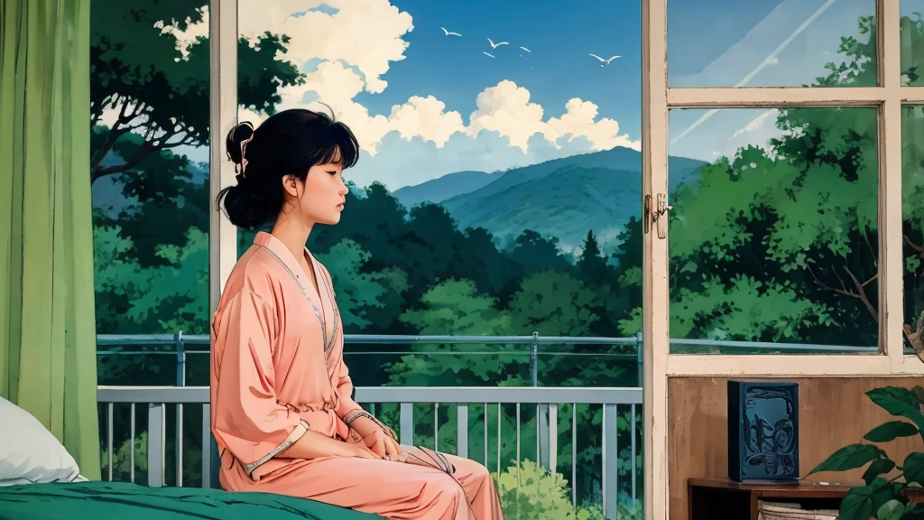 Use same girl ,same dress and same hair style given below in image. Girl is just wake up. She is in bed and her room's window gives beautiful scenery. The weather outside is breathtaking. Lush green trees surround the area, and in the distance, a river flows gently. Birds are soaring gracefully in the clear blue sky, which has a few scattered clouds. The air is crisp and fresh at 6 AM, painting a serene picture reminiscent of the idyllic Japanese countryside