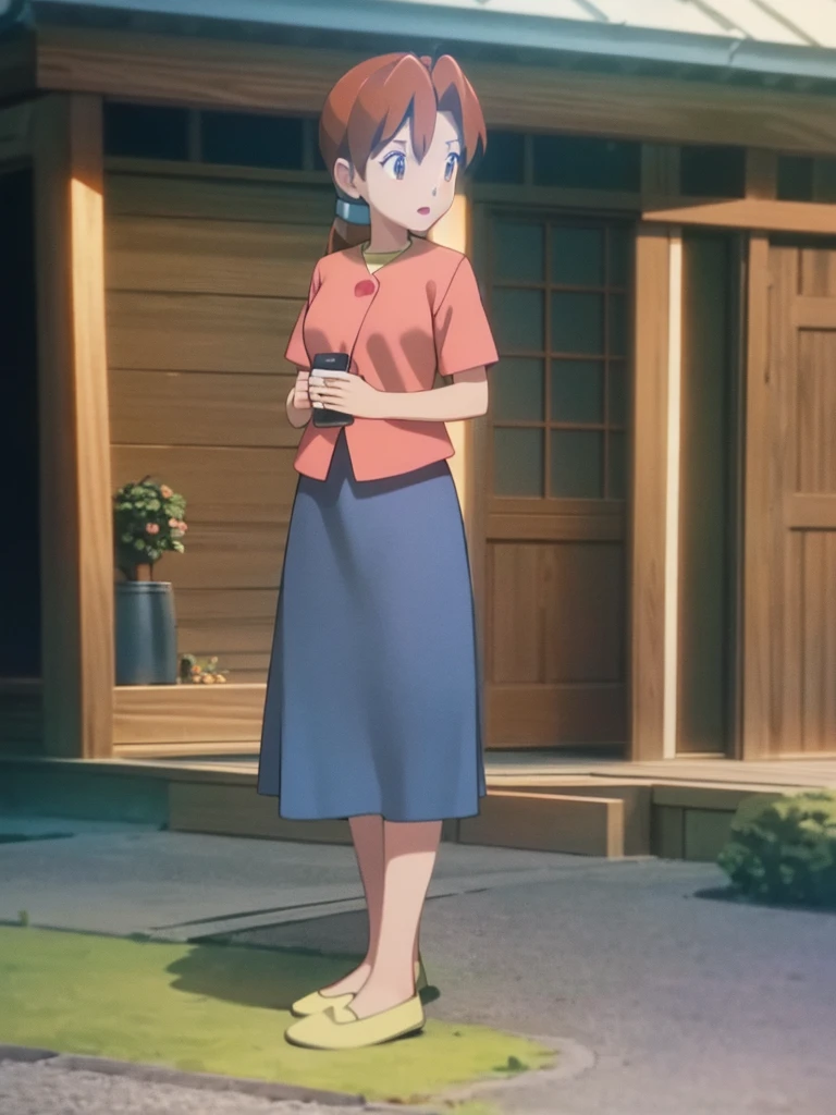 Delia_Ketchum 1girl, full body, looking at viewer, :d, open mouth, (extremely detailed CG unity 8k wallpaper), (masterpiece), (best quality), (ultra-detailed), (best illustration), (best shadow), (absurdres), finely detail, skirt, shirt, blue skirt, long skirt, pink shirt, slippers,